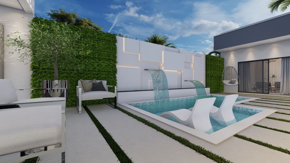 Planta de casa em L, 10X25 metros com Dois Quartos e Piscina