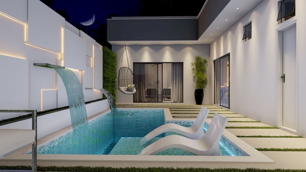 Planta de casa em L, 10X25 metros com Dois Quartos e Piscina